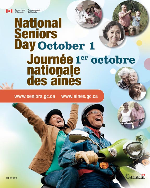 Affiche pour la Journée nationale des aînés avec deux personnes sur une motocyclette