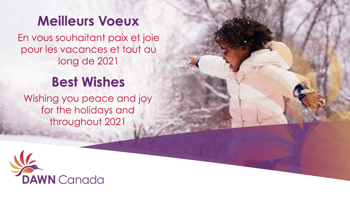 An image of a young Black girl playing in the snow, superimposed with a message wishing happy holidays in French and English, as well as the DAWN logo.