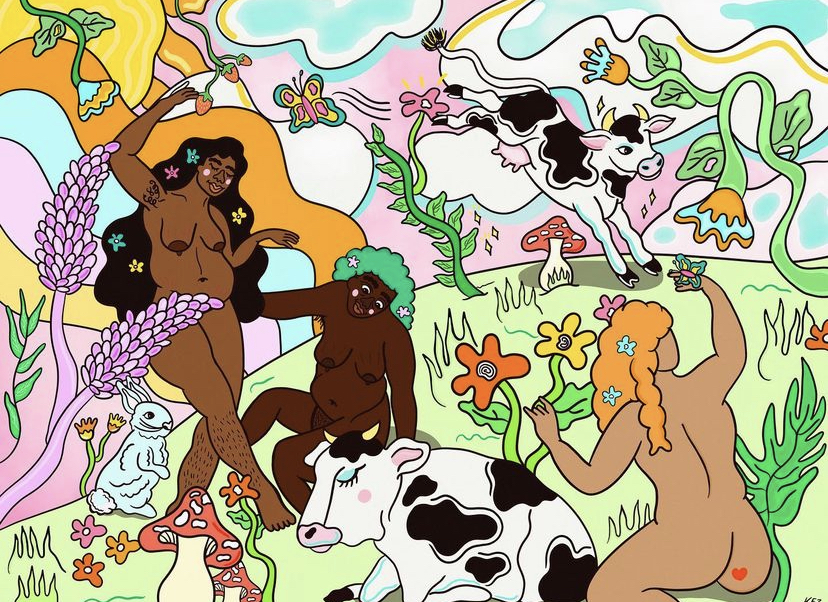 Black characters are dancing and laying on a field filled with flowers, plants and happy animals. There is a rabbit and two cows and it is sunny and colourful. Shades of pink and blue in the sky with big white clouds.